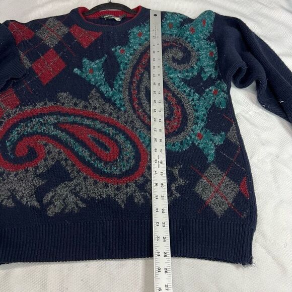 Vintage Navy Blue Paisley Geometric Multicolor Sweater‎ - Picture 3 of 6